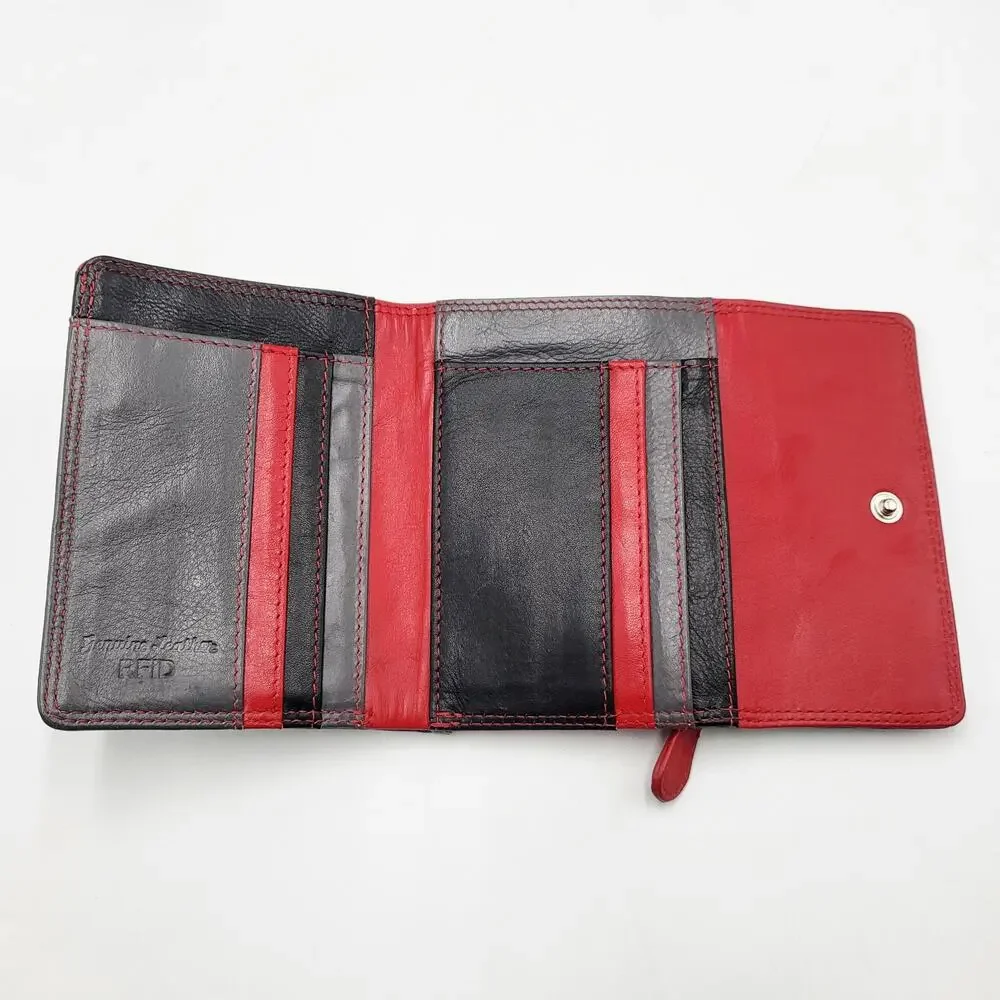 Red Gray & Black Colorblock Genuine Leather RFID Protection Tri-Fold Wallet